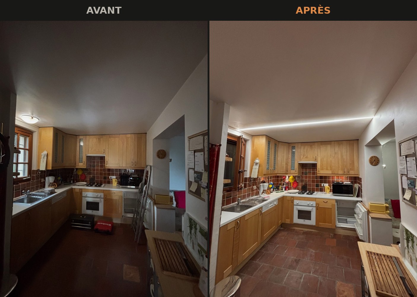 Cuisine avant et après installation d'un bandeau LED au plafond, Figanières