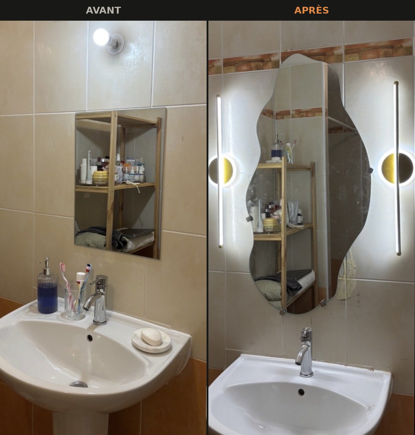 Salle de bain avant et après modernisation de l'éclairage